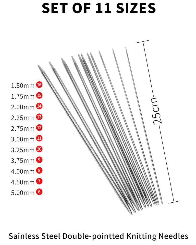Hicello 44Pcs Double Pointed Knitting Needles 11 Sizes 10" 25CM,Stainless Steel Sweater Knitting Needles, Crafts Yarn Tool Sets - Image 2
